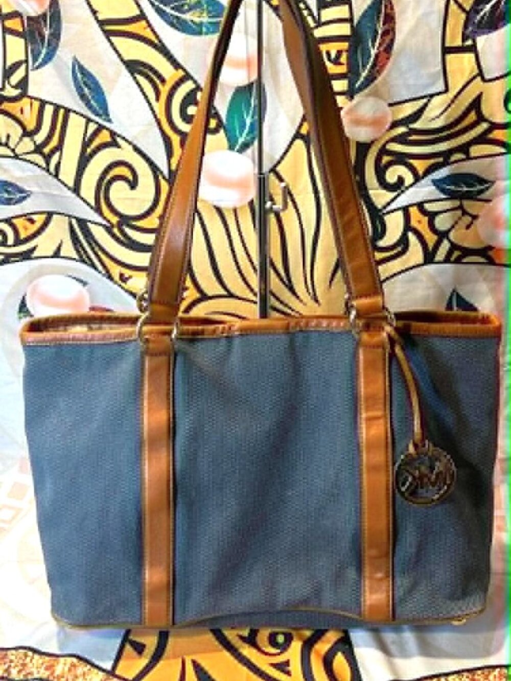 Michael Kors Jet Set East/West Tote – Blue Fabric & Tan Leather Trim